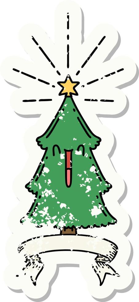 pegatina grunge de árbol de navidad estilo tatuaje con estrella vector