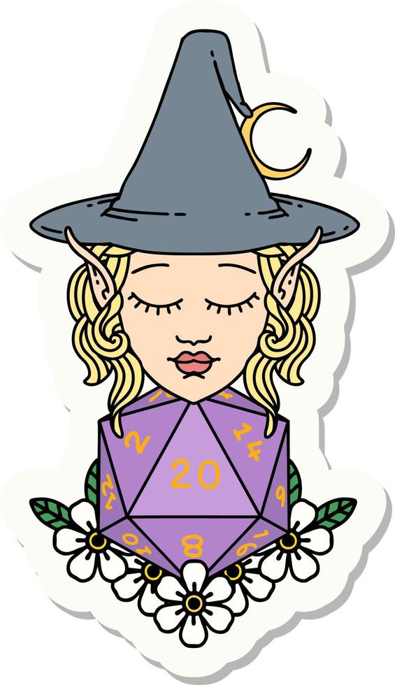 elf mage character with natural twenty dice roll sticker vector