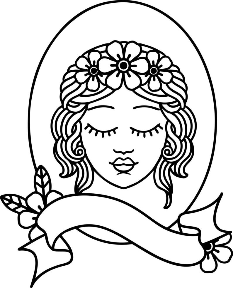 black linework tattoo with banner of a maiden with eyes closed vector