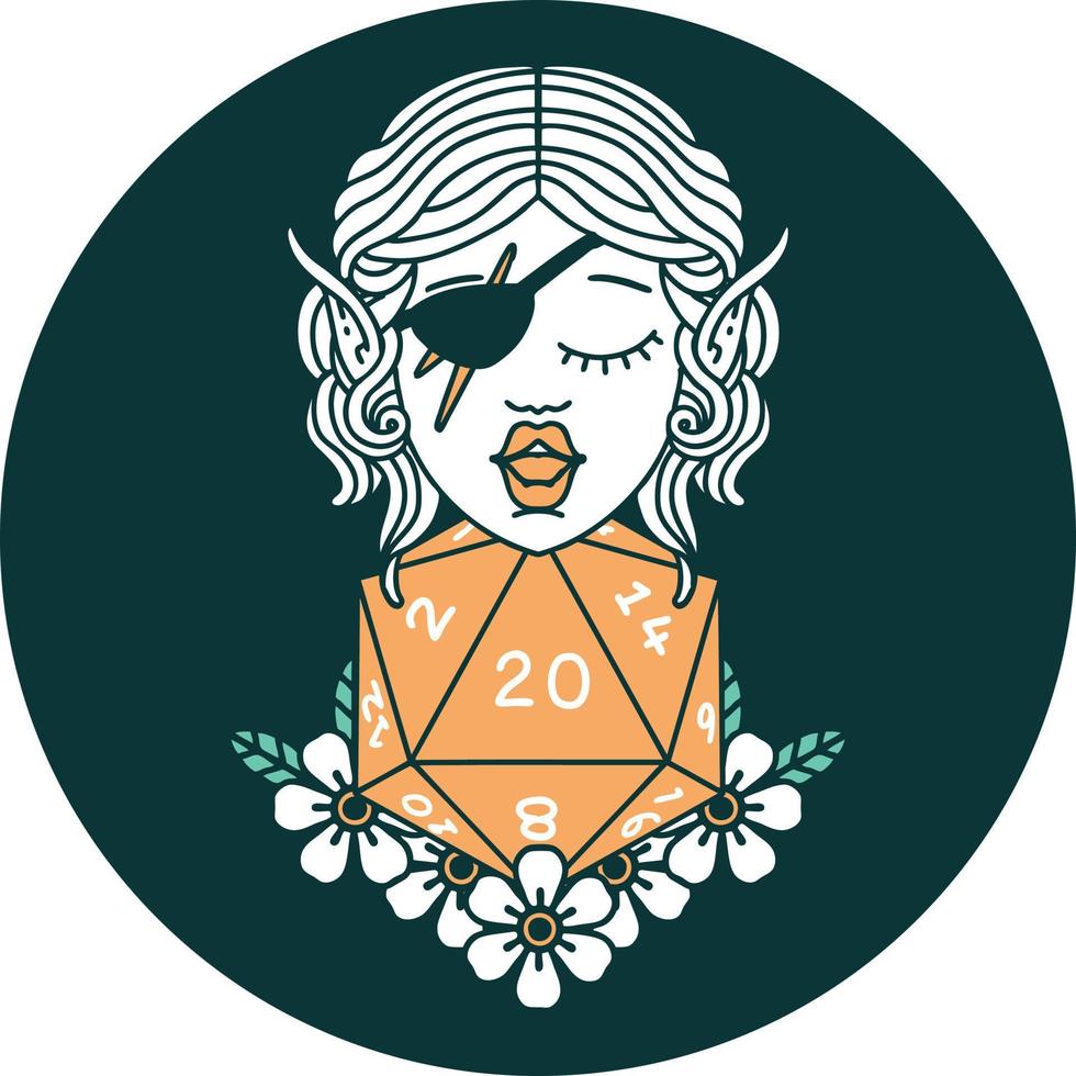 elf rogue character with natural twenty dice roll icon vector