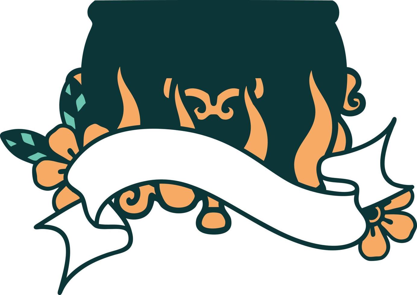 tattoo with banner of lit cauldron vector