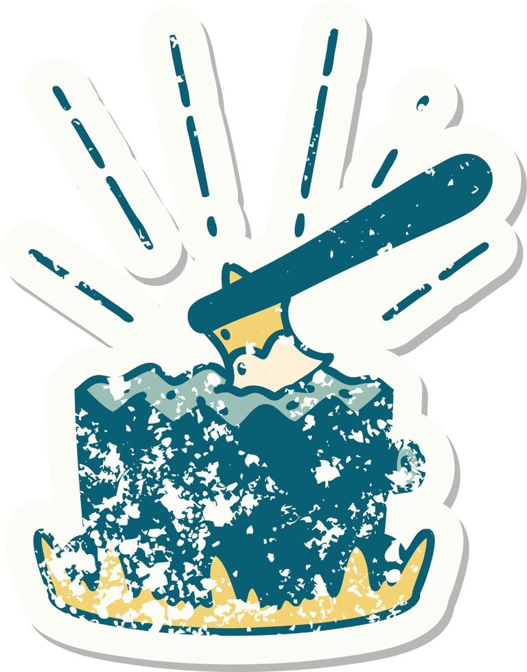 grunge sticker of tattoo style axe in tree stump vector