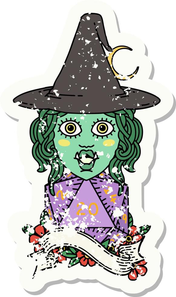 half orc mage with natural 20 dice roll grunge sticker vector