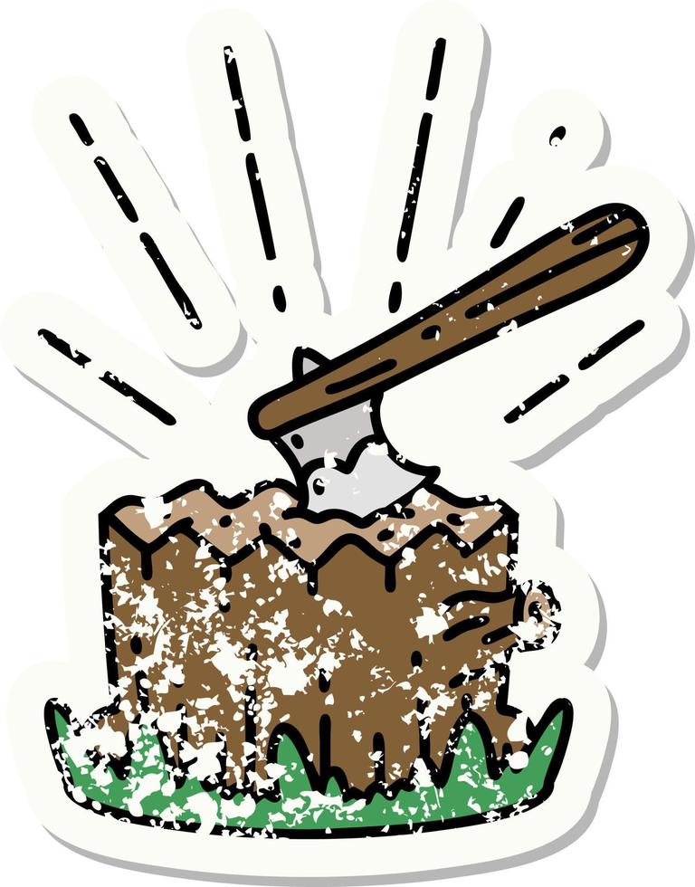 grunge sticker of tattoo style axe in tree stump vector