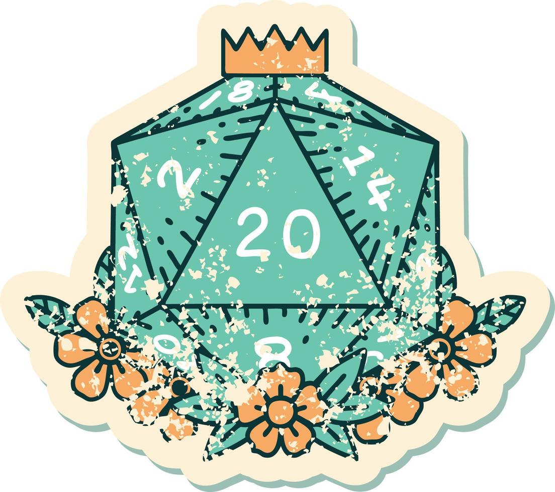 natural 20 D20 dice roll with floral elements grunge sticker vector