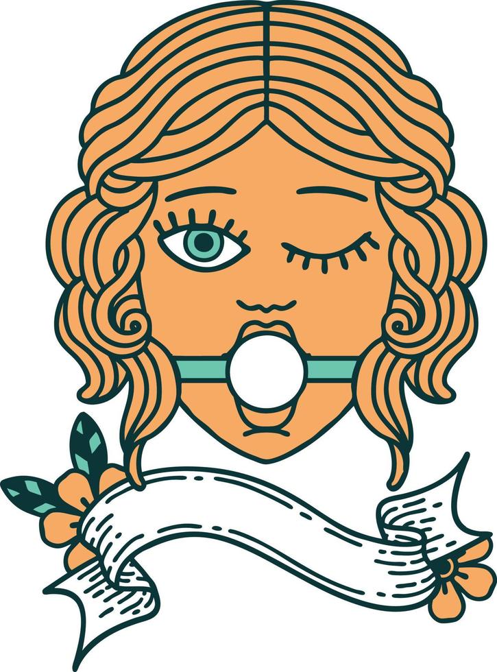 tattoo with banner of winking female face with ball gag vector