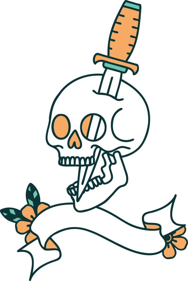 tatuaje con pancarta de calavera y daga vector