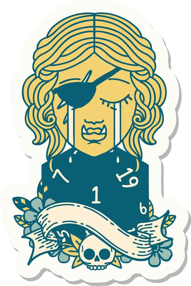crying orc rogue character face with natural one D20 roll sticker vector
