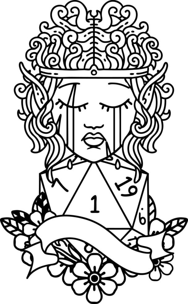 sad elf barbarian character face with natural one D20 roll illustration vector