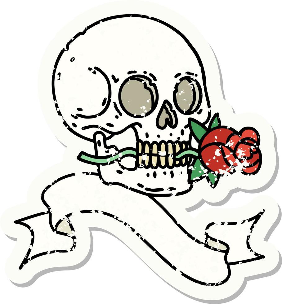 grunge sticker with banner of a skull and rose vector
