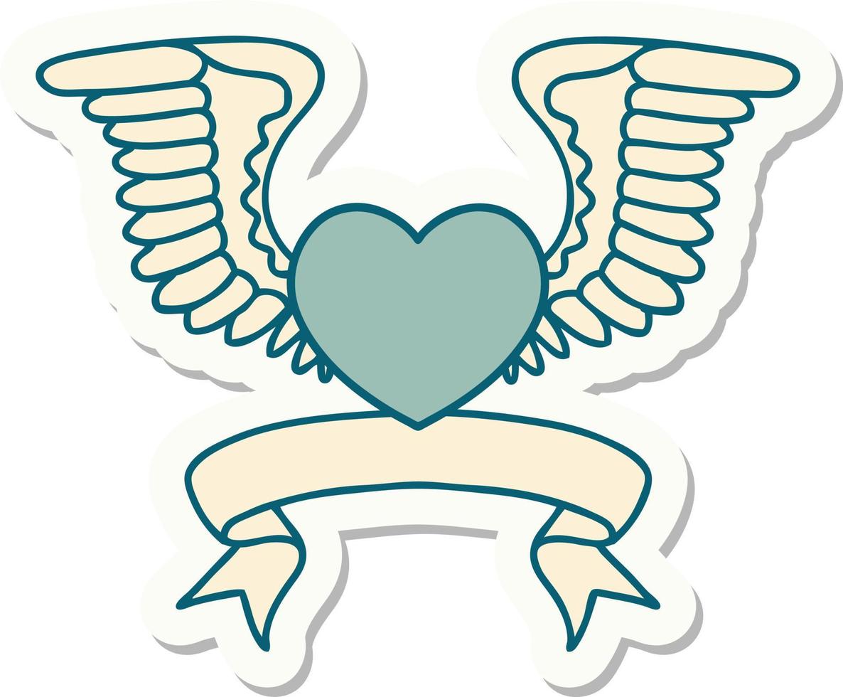 etiqueta engomada del tatuaje con la pancarta de un corazón con alas vector