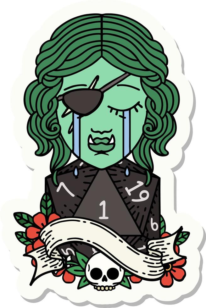 crying orc rogue character face with natural one D20 roll sticker vector