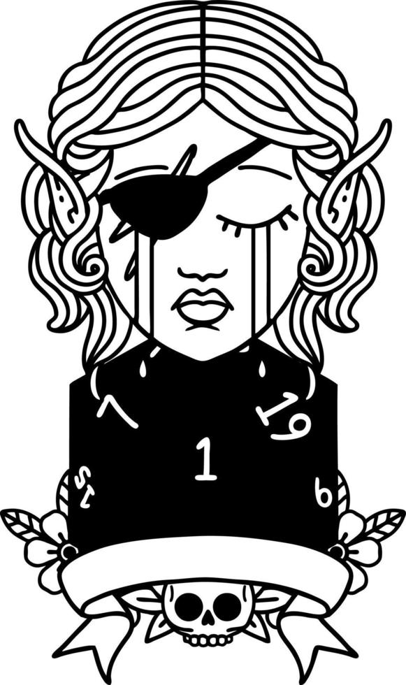 crying elf rogue character with natural one D20 roll illustration vector