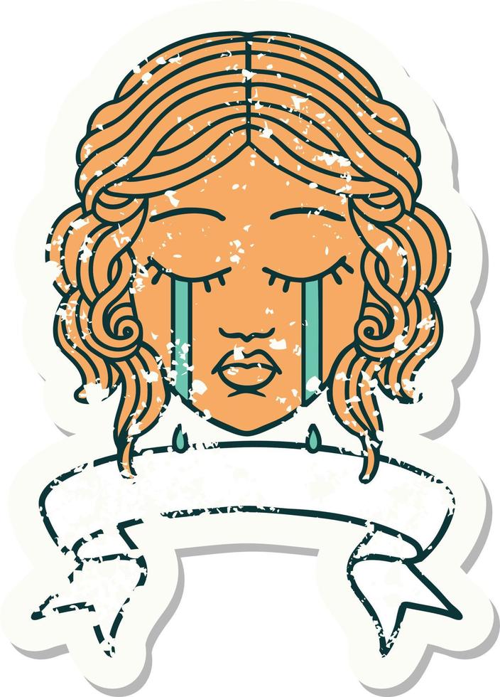 grunge sticker with banner of female face crying vector