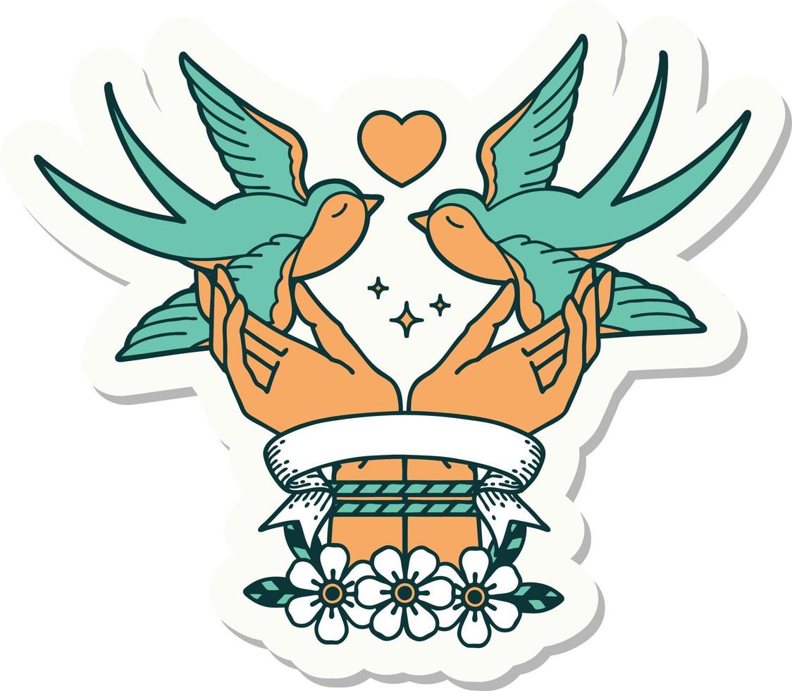 tattoo sticker with banner of a tied hands and swallows vector