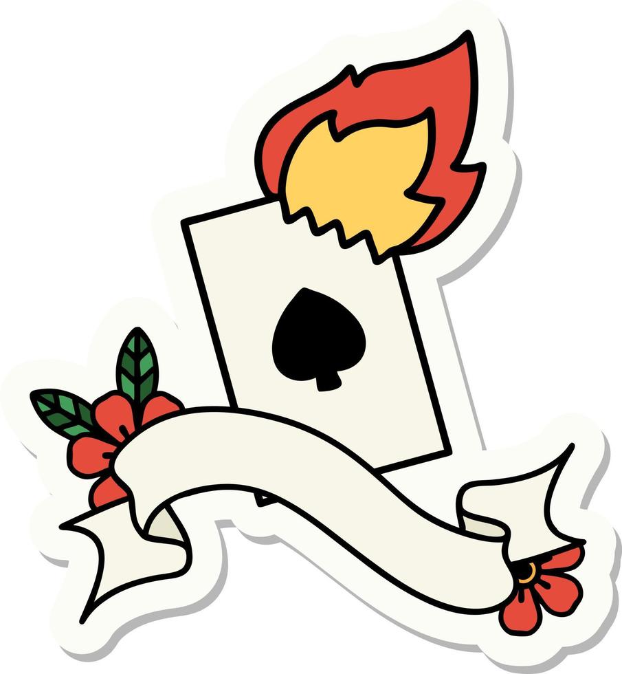 tattoo sticker with banner of a flaming card vector