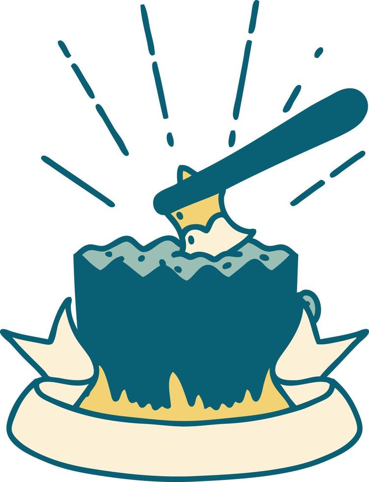 banner with tattoo style axe in tree stump vector