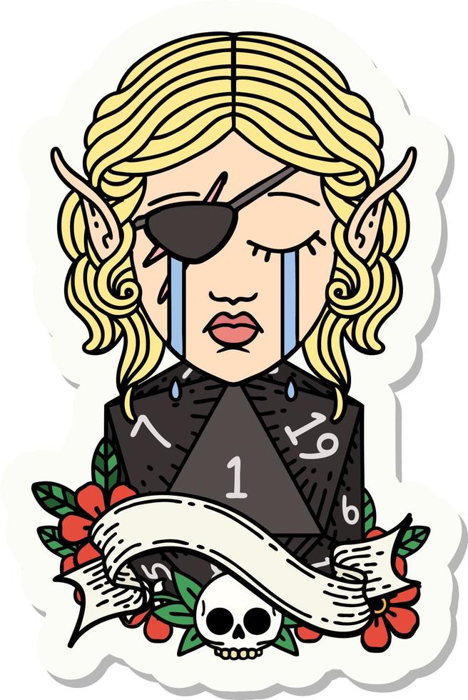 sad elf rogue character face with natural one d20 roll sticker vector