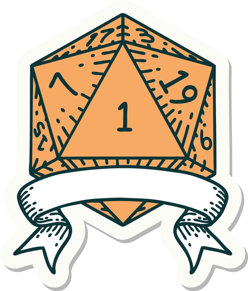 natural one d20 dice roll sticker vector