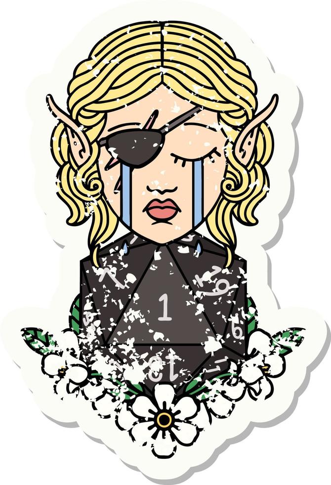crying elf rogue character face with natural one D20 roll grunge sticker vector