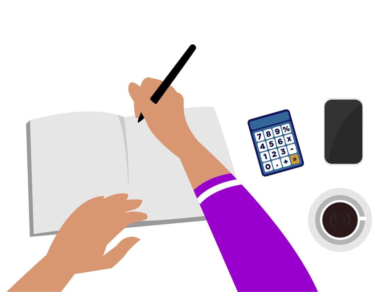 write in books. there is a calculator, cellphone and a cup of coffee vector