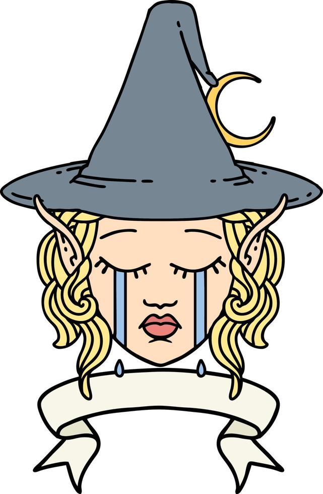 crying elf mage character face wiht banner illustration vector