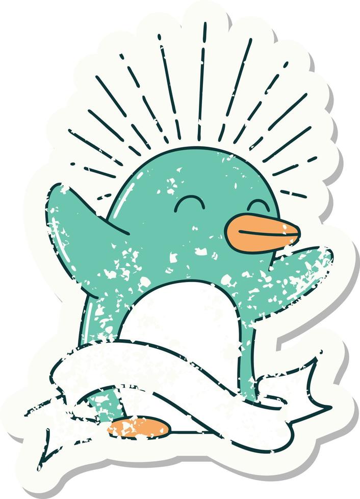 grunge sticker of tattoo style happy penguin vector