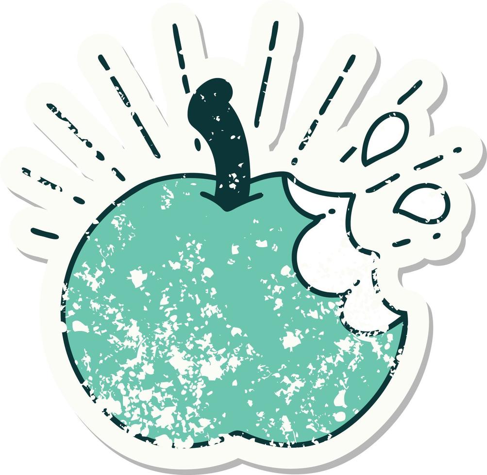 grunge sticker of tattoo style bitten apple vector