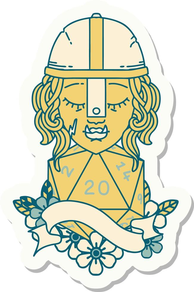 half orc fighter character with natural 20 dice roll sticker vector