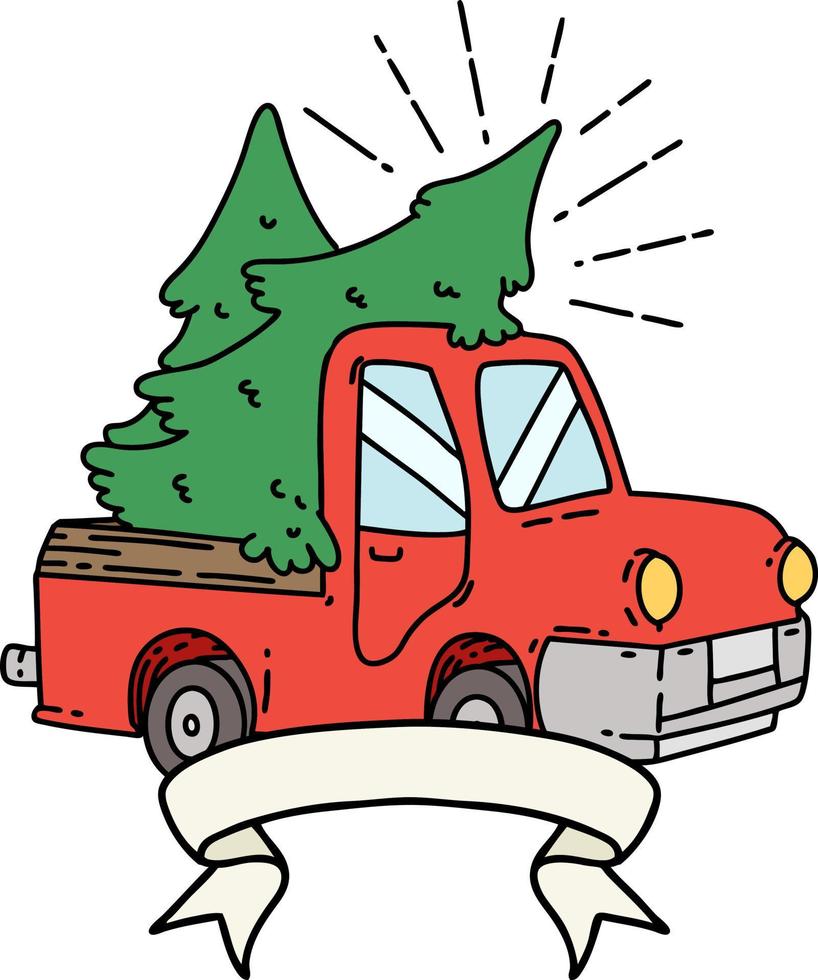 banner with tattoo style truck carrying trees vector
