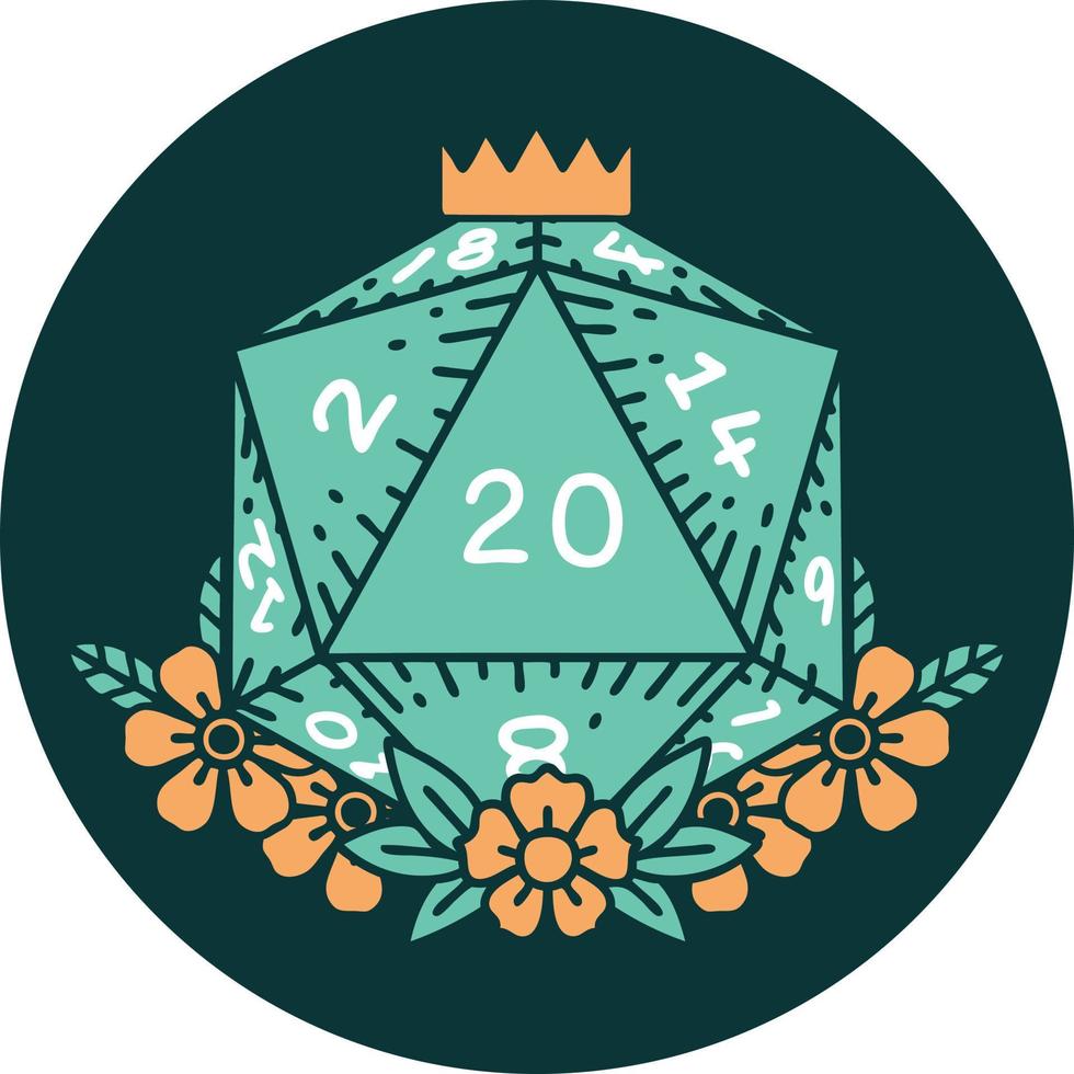 natural 20 D20 dice roll with floral elements icon vector