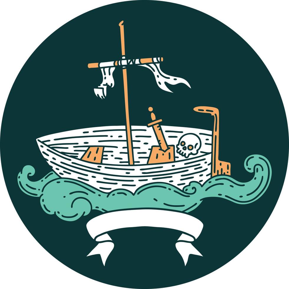 icon of tattoo style empty boat with skull vector