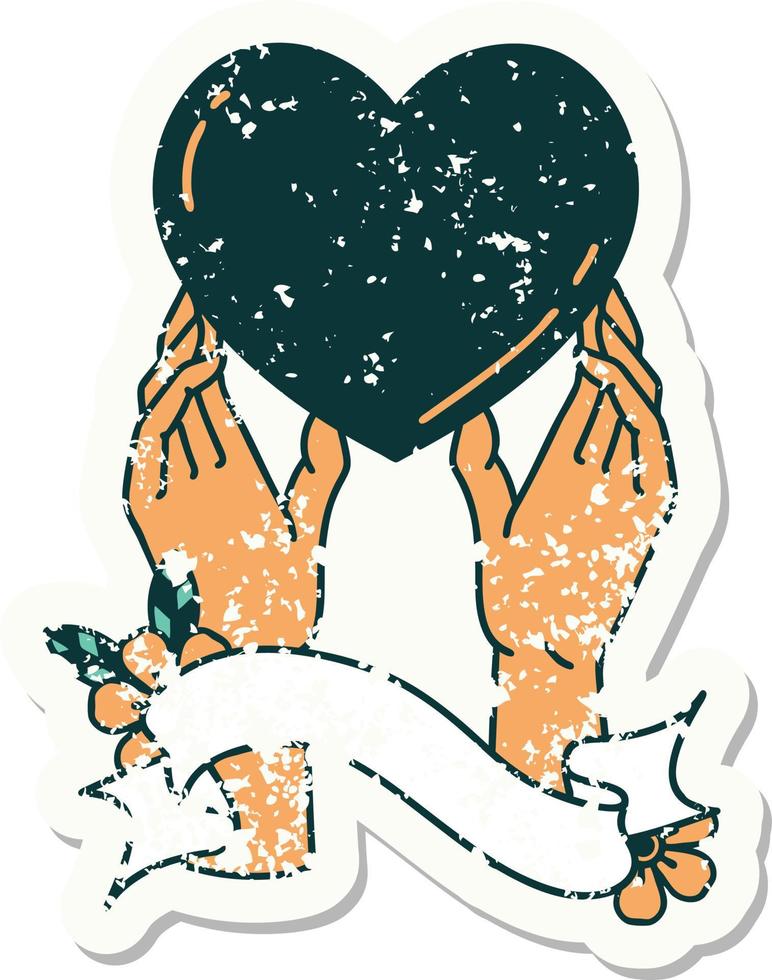 grunge sticker with banner of a hands reaching for a heart vector