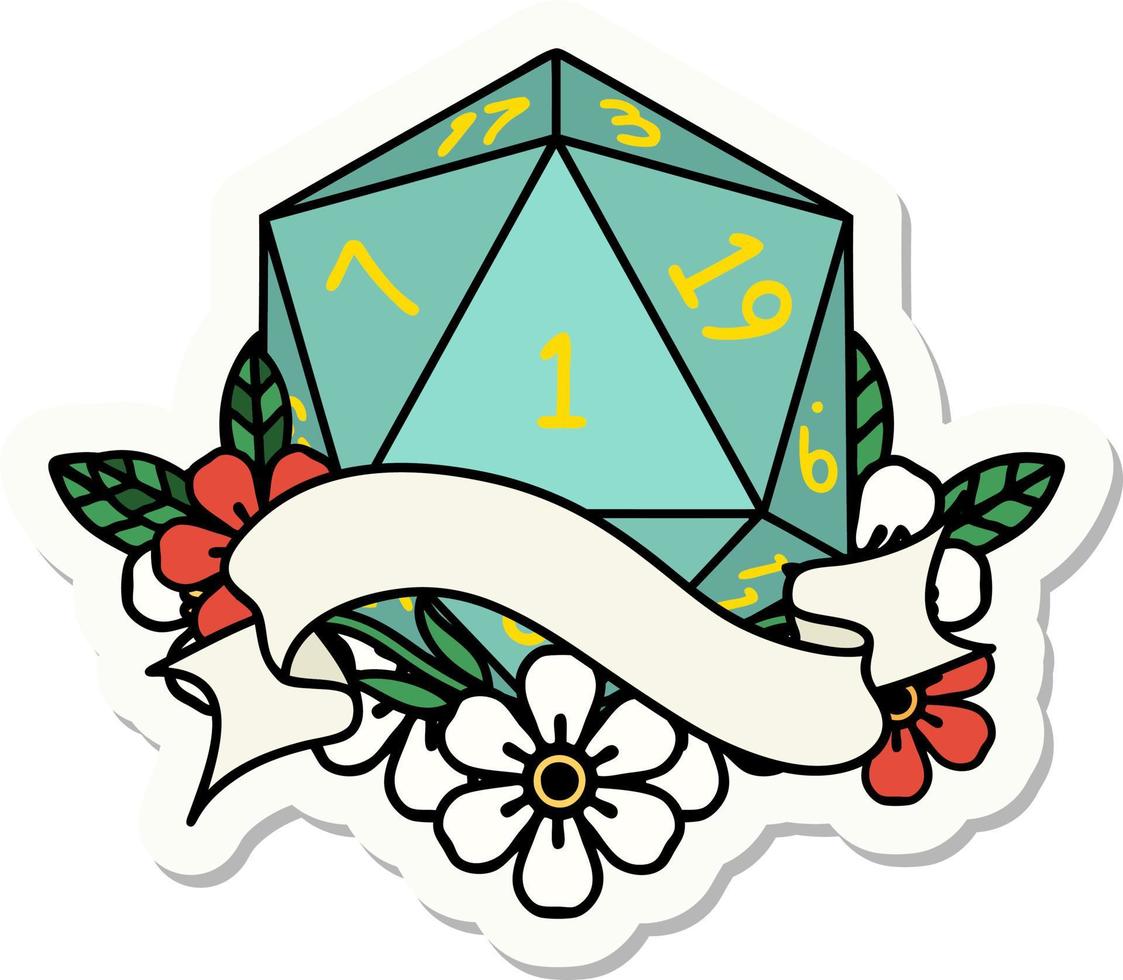 natural one d20 dice roll sticker vector