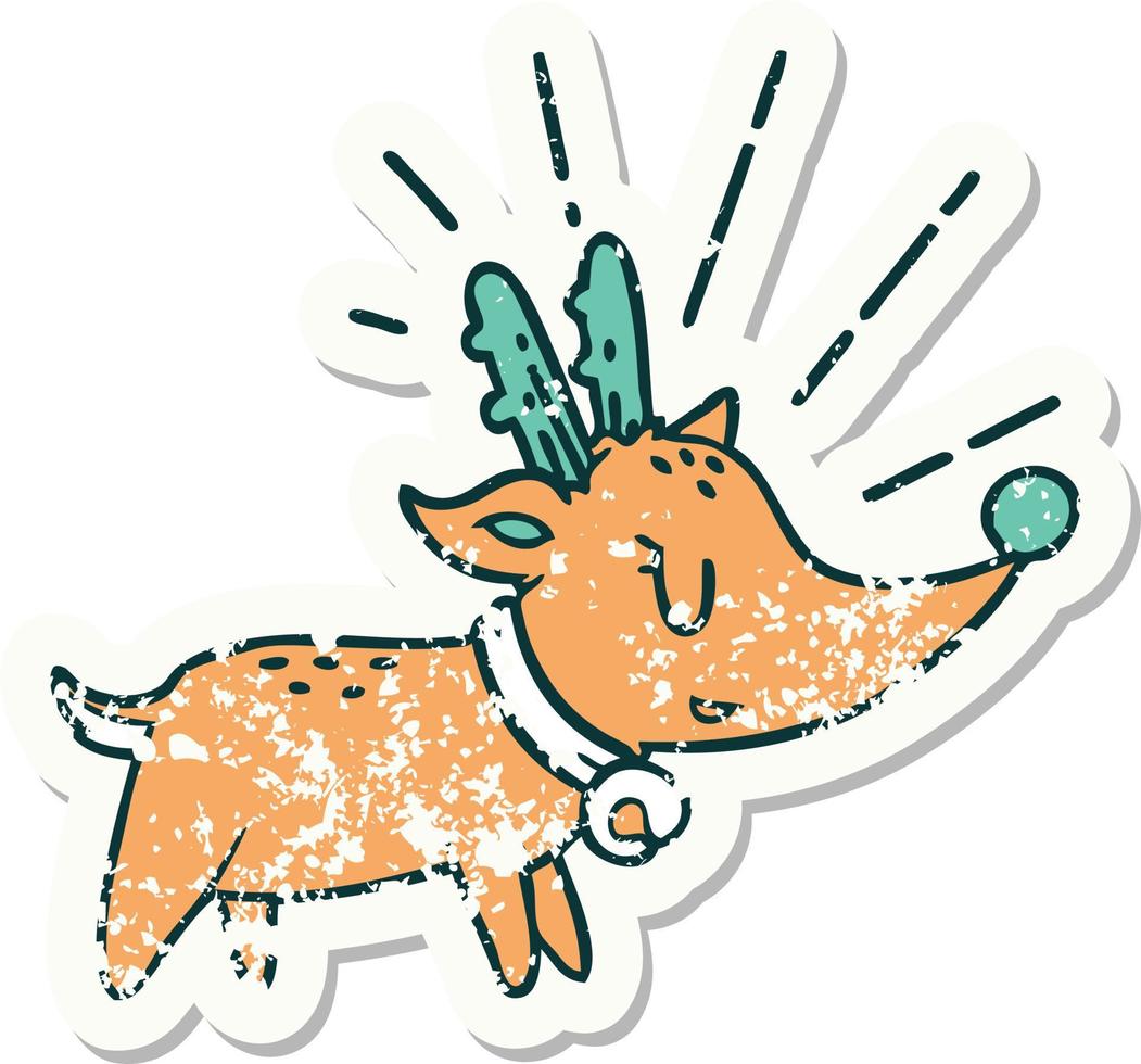 grunge sticker of tattoo style christmas reindeer vector