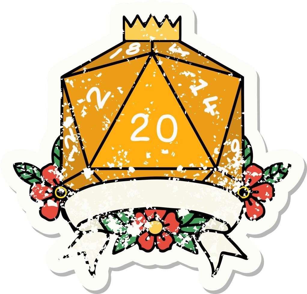 natural 20 critical hit D20 dice roll grunge sticker vector