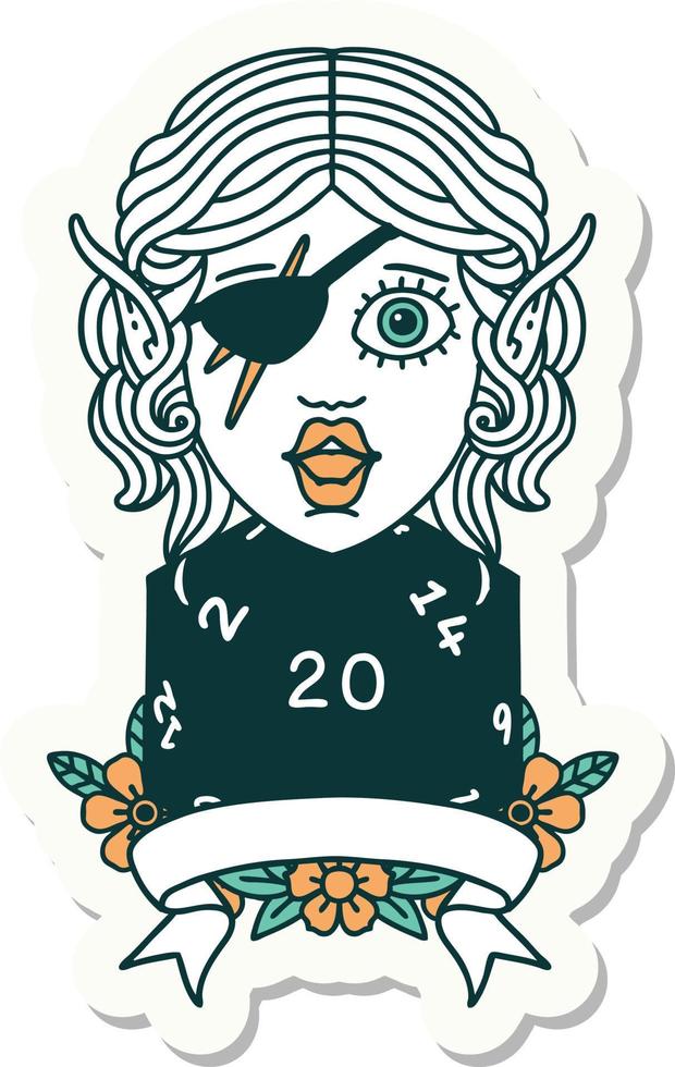 elf rogue character with natural twenty dice roll sticker vector