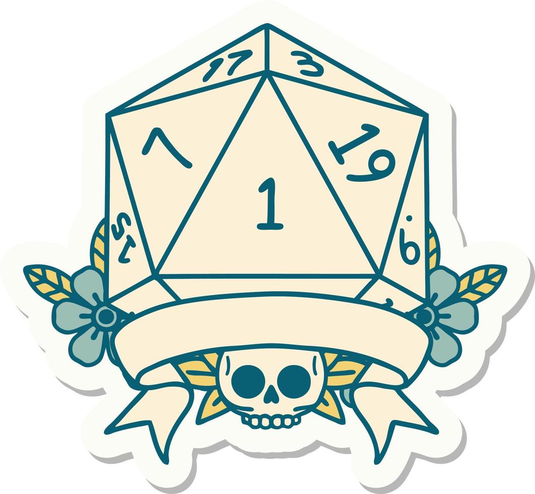 natural one d20 dice roll sticker vector