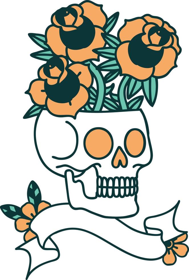 tatuaje con pancarta de calavera y rosas vector