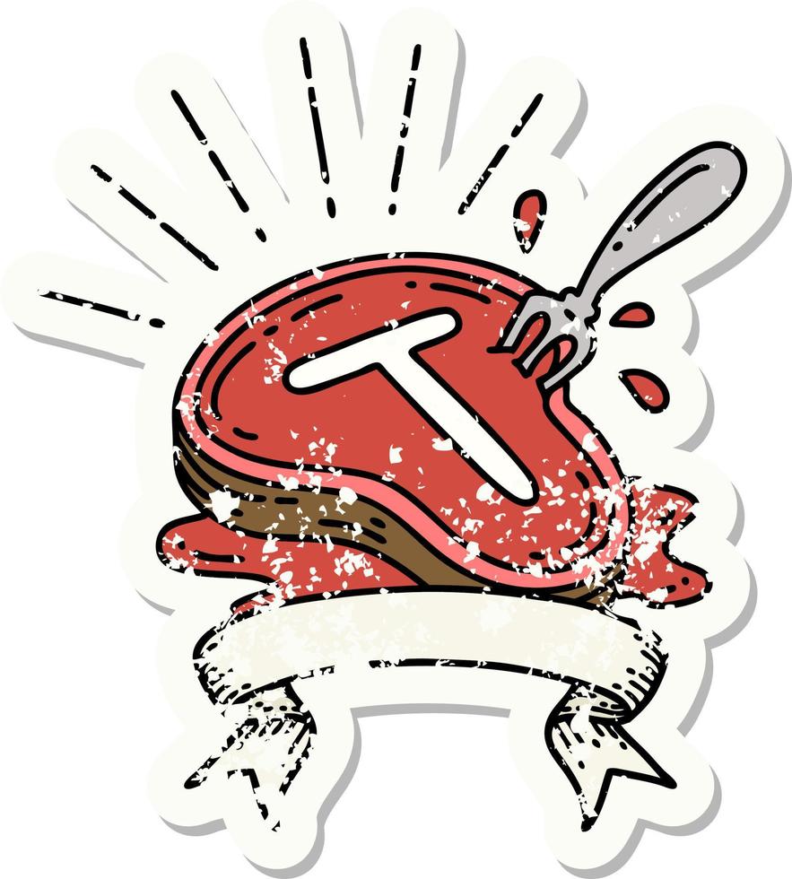 grunge sticker of tattoo style steak and fork vector