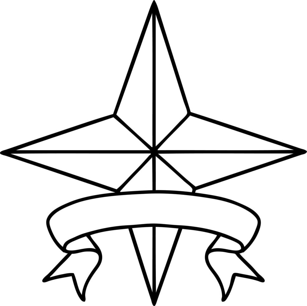 black linework tattoo with banner of a star vector