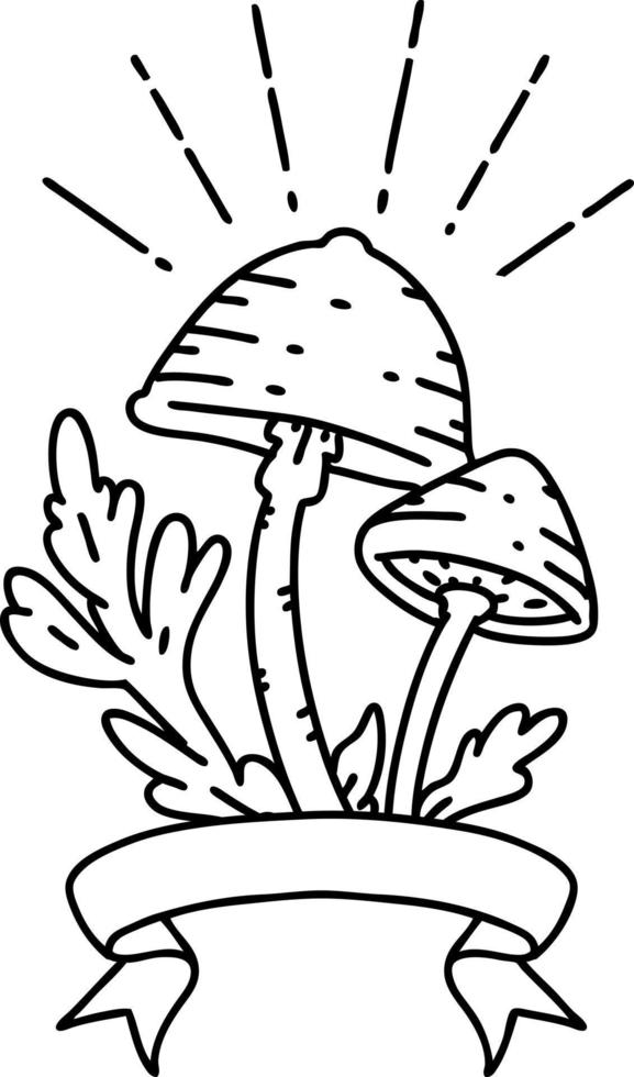 banner with black line work tattoo style mushrooms vector