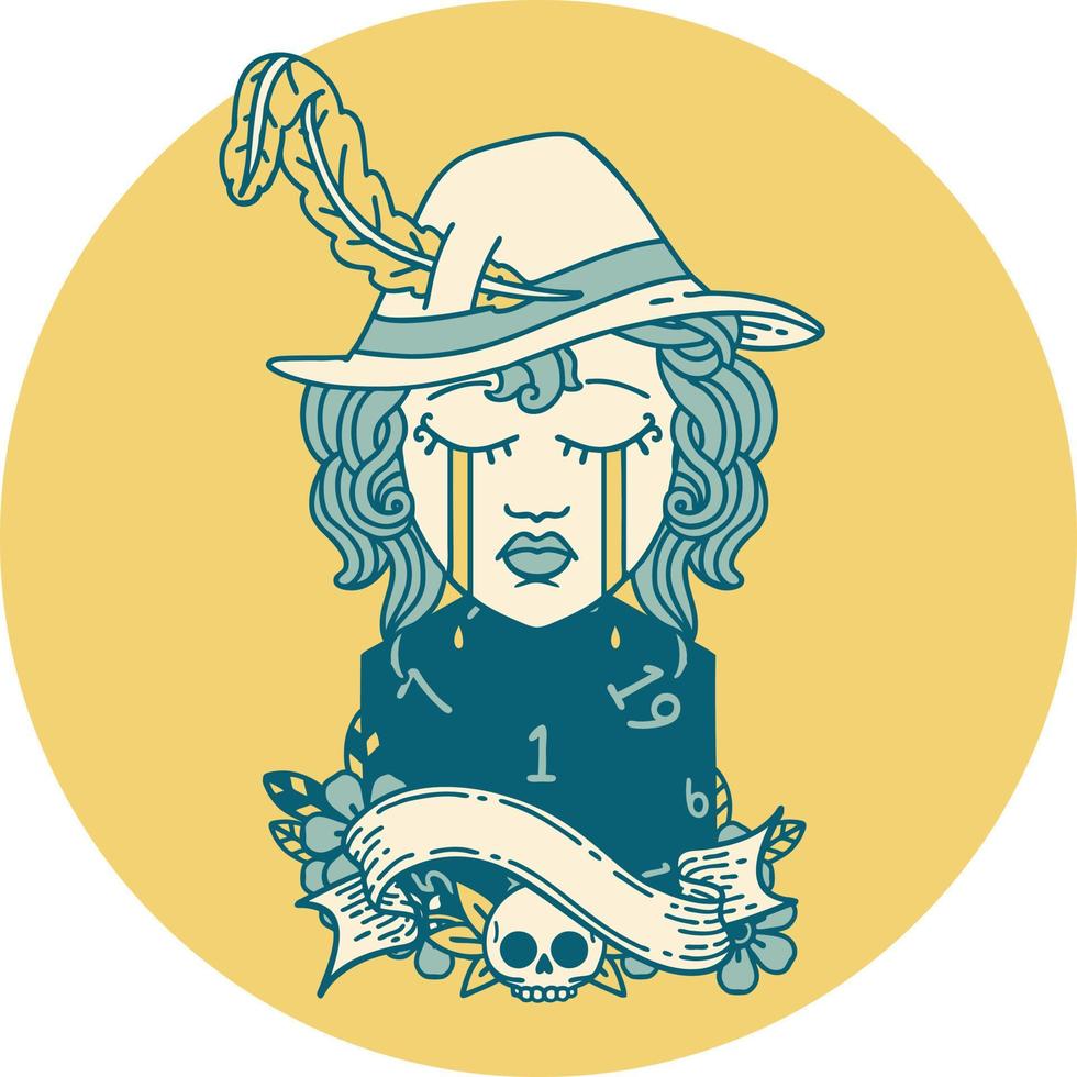crying human druid character with natural one D20 roll illustration vector