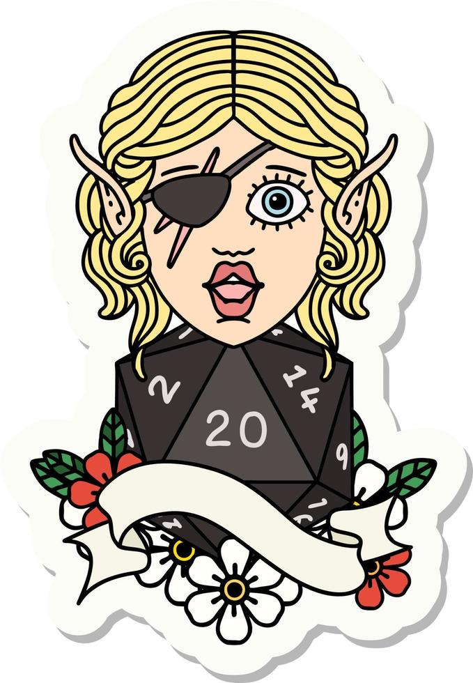 elf rogue character with natural twenty dice roll sticker vector