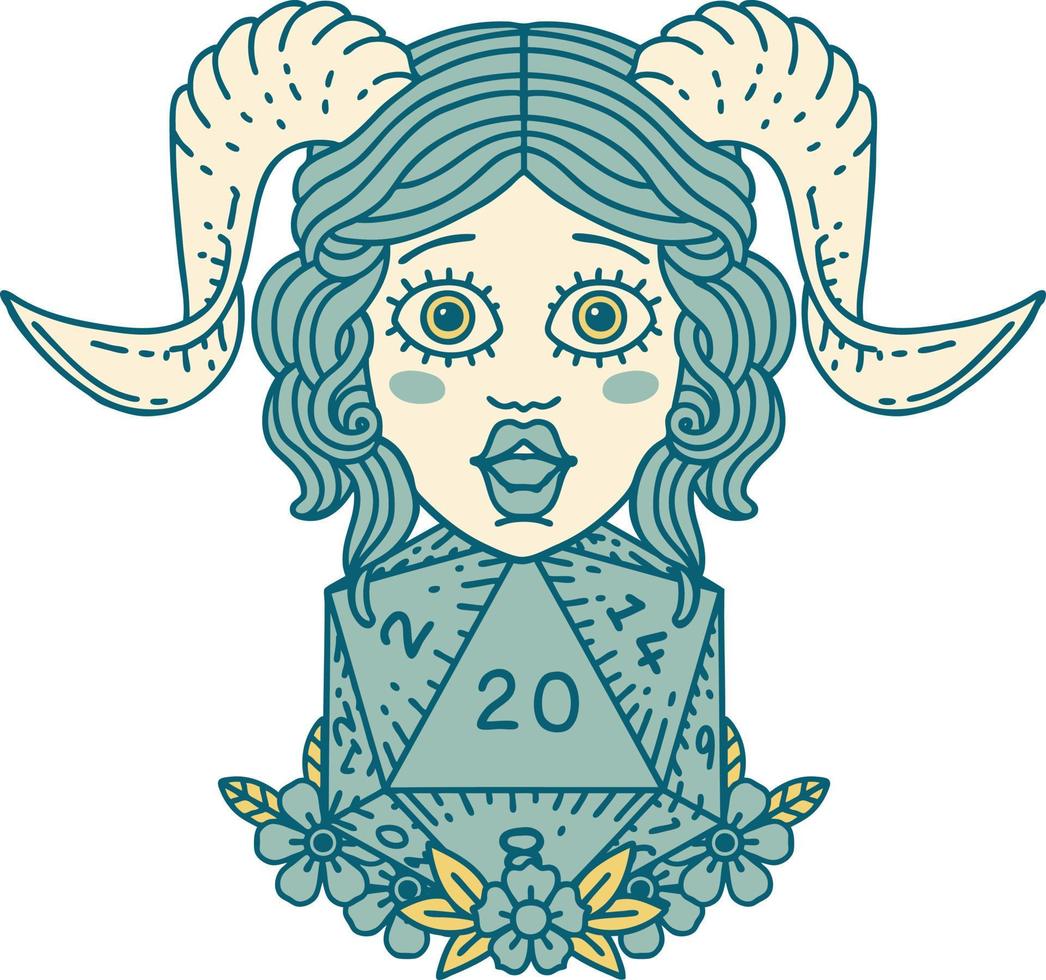 tiefling with D20 natural twenty dice roll illustration vector