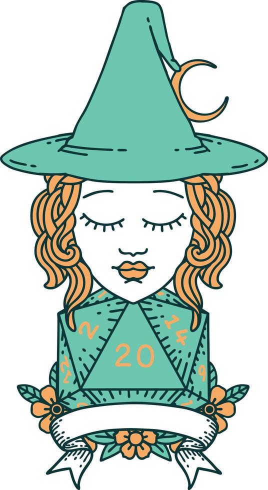 human witch with natural twenty dice roll illustration vector