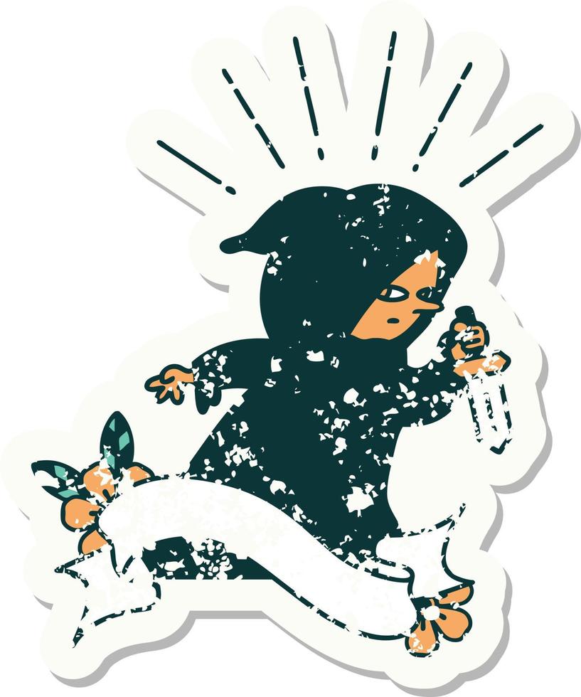 grunge sticker of tattoo style assassin with knife vector