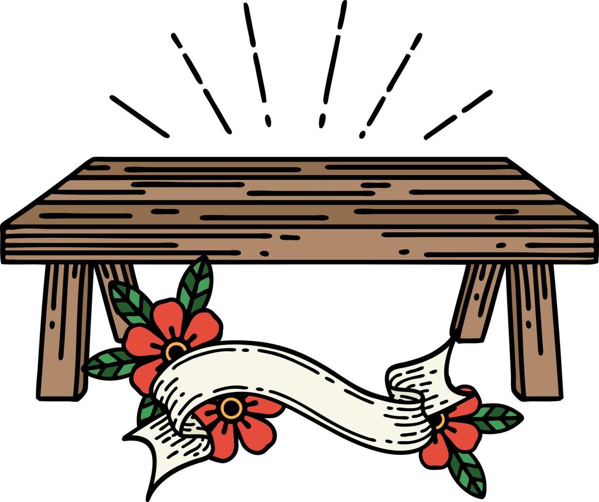 banner con mesa de madera estilo tatuaje vector