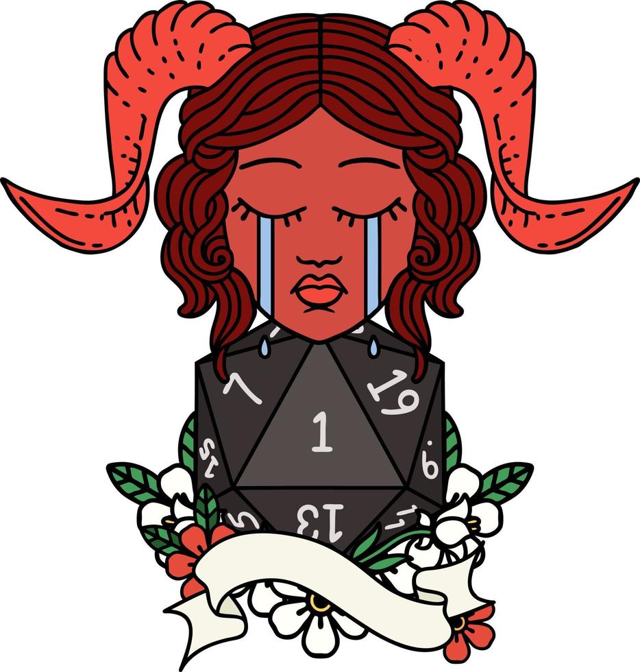 crying tiefling with natural one D20 roll illustration vector
