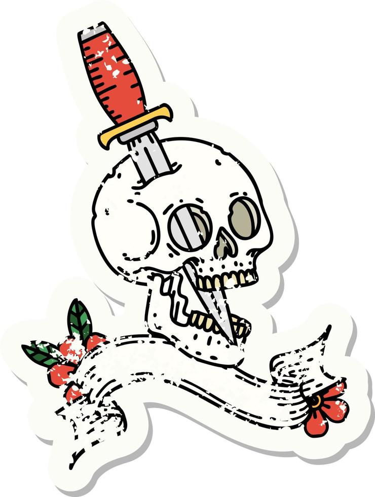 grunge sticker with banner of a skull and dagger vector